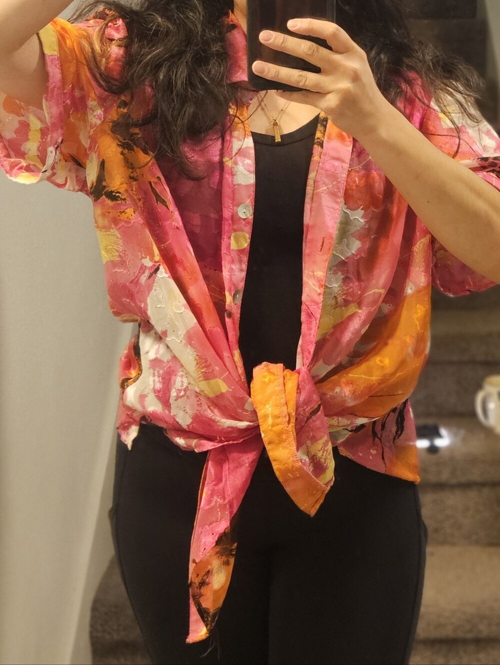 Bright Pink & Orange Tie-Front Floral Shirt - Women Tops